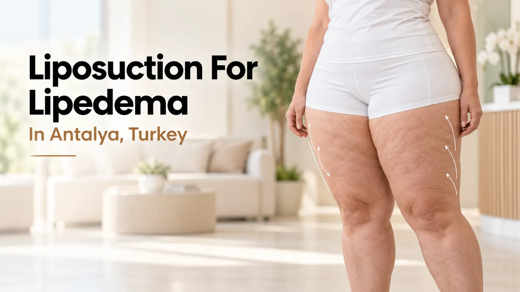 Line illustration of a woman with lipedema, with a slim upper body and full legs, titled Liposuction For Lipedema In Antalya, Turkey