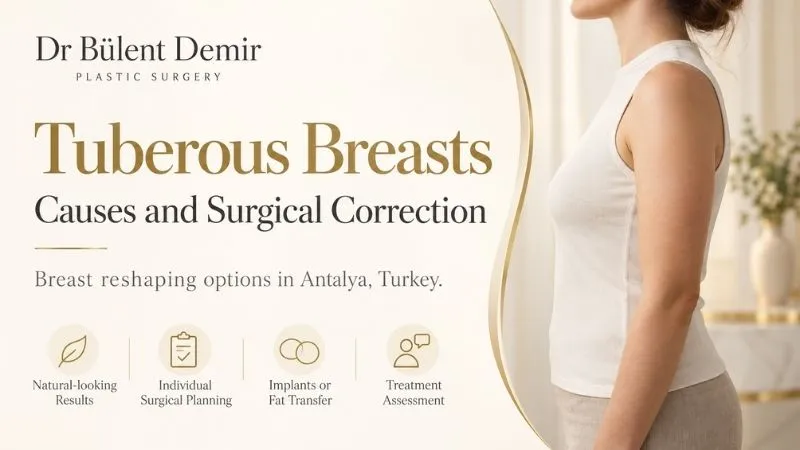 Tuberous breast correction information with a woman shown in side profile wearing a sleeveless top
